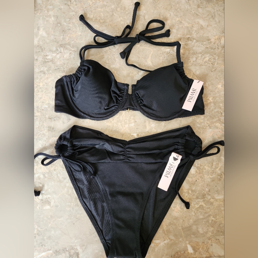 36C/M VS Swim Ruched Underwire Bralette Classic Bikini Bikini Set Black Tropical